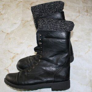 BLUE SUEDE SHOES Brand Boots Leather Knit Band Biker Moto Goth Chunky Black 8